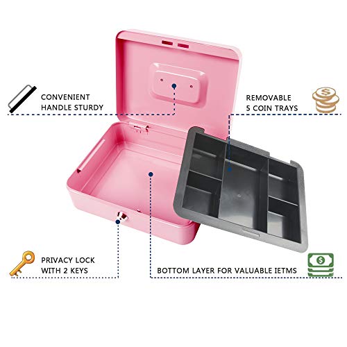 KYODOLED Large Metal Cash Box with Money Tray and Lock,Money Box with Cash Tray,Cash Drawer,9.84"x 7.87"x 3.54" Pink Large - color: Pink, size: Large