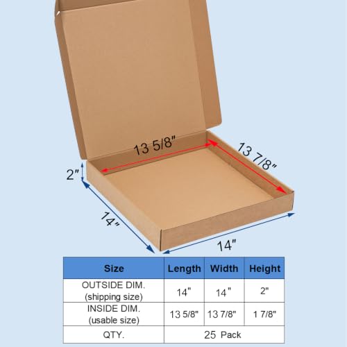 Wowxyz 14x14x2" Brown Shipping Boxes 25 Pack Corrugated Cardboard Mailers - size: 14x14x2"
