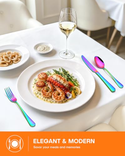 EUIRIO 24 Piece Rainbow Silverware Set with Steak Knives Stainless Steel Flatware Set for 4 Cutlery Utensil Set Mirror Polished Dishwasher Safe for Home Restaurant - color: Rainbow
