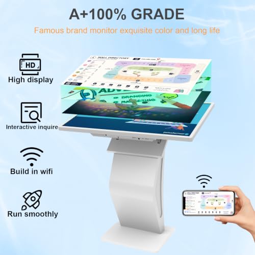 32 inch Touch Screen Kiosk, Android System, Install APP, Browser, Digital Signage Kiosk, K-Style Stand Digital Signage Display, Interactive Display Mall Navigation/Advertising/Retail Store - color: White