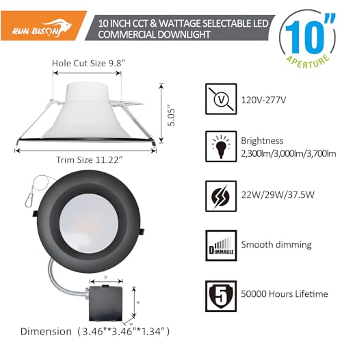 10 Inch Commercial LED Recessed Light with J-Box,120-277V,22/29/37.5W Adjustable,3CCT Selectable 3000K-5000K,10%-100% Dimmable,Commercial LED Downlight with Black Trim, ETL Listed-8PK - color: 8PK, size: 10 inch Black