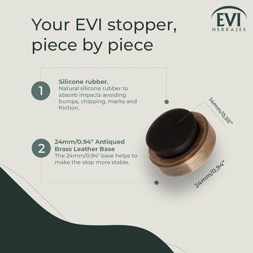EVI Door Stoppers | Solid Brass Wall Door Stop - Adhesive and Screw Fastening - Black Protector Rubber - 0.94 x 0.55 Inch Door Stop - color: Leather Brass - Black Rubber