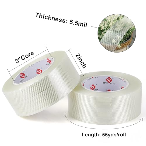BOMEI PACK Mono Filament Tape,Strapping Tape,Fiberglass Filament Tape Transparent Reinforced Heavy Duty Packing Strips for Shipping Sealing Binding Fixing 3 Pack 2 inch x 55 Yards - size: 2 inch x 55 yards