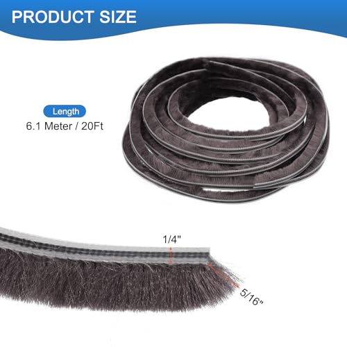 Brush Seal Weather Stripping, 1/4" x 5/16" x 20ft Card Slot Door Brush Strip for PVC Sliding Sash Door Window and Wardrobe Seal - Non-Adhesive Backing - size: 20Ft x 1/4" Backing x 5/16" Brush