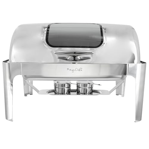 MegaChef 9.5 Quart Oblong Roll Top Stainless Steel Professional Kitchen Chafing Dish/Food Warmer/Buffet Server Serving Trays for Entertaining, Catering, Large Gatherings (9.5 Quart w/Window) - size: 9.5 Quart w/ Window