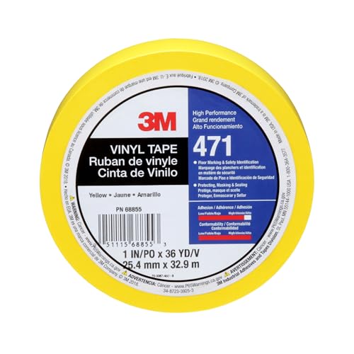 3M Vinyl Tape 471, 1 in x 36 yd, 5.2 mil, Yellow, 1 Roll, Yellow Floor Tape - size: 1 in x 36 yd, style: 1 Roll