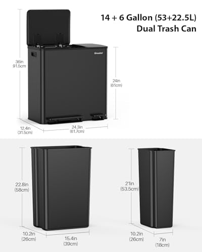 Lovewind Dual Trash Can, 14 + 6 Gallon Garbage Can for Kitchen Dual Compartment Recycling Kitchen Step Trash Bin, Stainless Steel Trash and Recycle Bin Combo with Soft-Close Lid, Black - color: Black, size: 14 + 6 Gallon