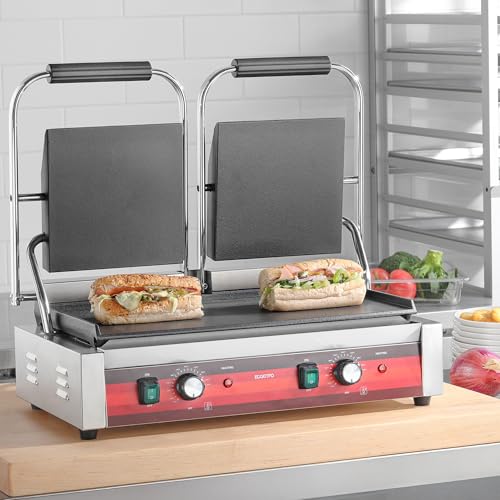 EGGKITPO Commercial Dual Panini Press with 2 Flat Plates Electric Panini Grill with Temperature Control and Handle 19.5" ×9.4" Large Cast Iron Sandwich Maker for Kitchen Business 110V 3400W - size: 19.5”×9.4" Smooth Plate