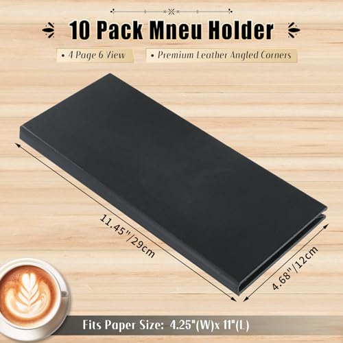 Restaurant Menu Covers Holders 4.25" x 11" | Pack of 10 Synthetic Leather Quad Fold Panels 6 View Angled Corners Black for Wine List, Drinks (10, Quad Fold Panels 6 View (4.25 x 11 inch)) - size: Quad Fold Panels 6 View (4.25 x 11 inch )