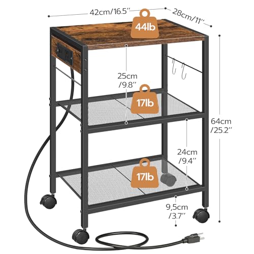 HOOBRO Industrial Printer Stand, 3-Tier Mobile Printer Table, Rolling Cart with Power Outlets and USB Ports, Home Printer Stand with 2 Hooks, for Office, Living Room, Rustic Brown BF22UPS01 - color: Rustic Brown + Black, size: 16.5'' x 11'' x 25.2''