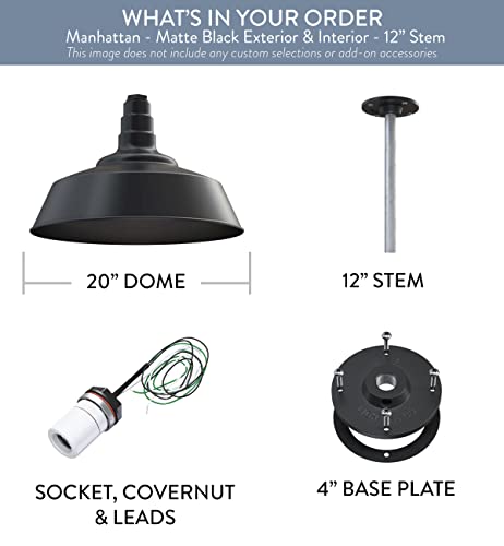 Industrial Pendant Light 20 Inch Extra Large Steel Warehouse | Matte Black - color: Matte Black With Matte Black Interior, size: 12" Stem