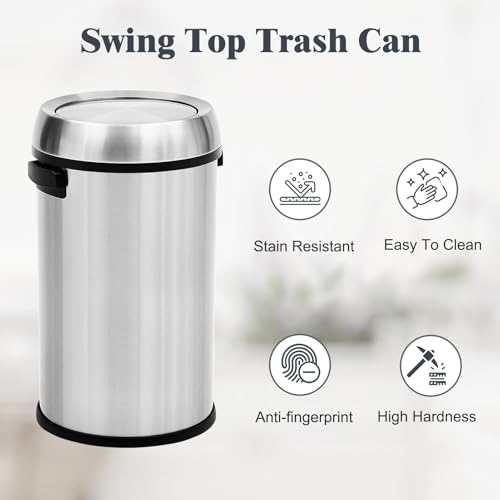 17 Gallon/65 Liter Stainless Steel Swing Top Trash Can, Heavy Duty Round Trash Bin with Swing Lid, Commercial Large Garbage Can, Ideal for Kitchen, Restaurant, Office, Silver - color: Silver Swing Top