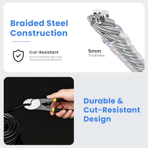 7FT Outdoor Security Cable Lock, 5mm Braided Steel Vinyl-Coated Wire Rope with Double Loops, Anti-Theft Cable for Luggage, Bike, Gate & Travel Use - color: Black, size: 7FT