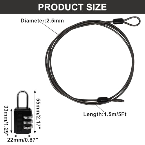 Cable Lock Double Loops 5Ft Long Black Security Cable with Lock, Bike Locks Cables 2.5mm Braided Steel Coated Safety Cables Wire for Luggage, Outdoor, Clothesline (4 Pack) - color: Black, size: 5Ft (4 Pack)
