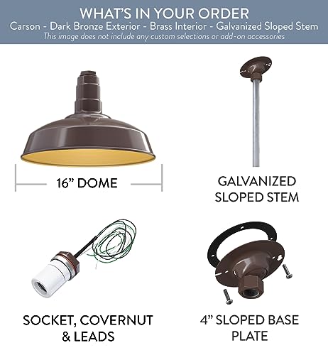 12" Sloped Stem Barn Light Pendant 16" Dome | Garage | Dark Bronze/Brass - color: Dark Bronze with Brass Interior, size: 12" Sloped Stem