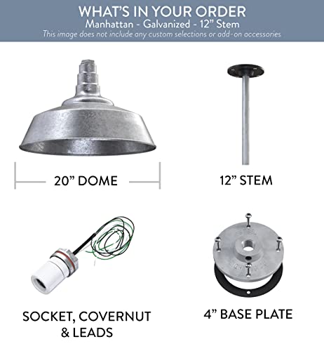 Industrial Pendant Light 20 Inch Extra Large Steel Warehouse | Galvanized - color: Galvanized, size: 12" Stem