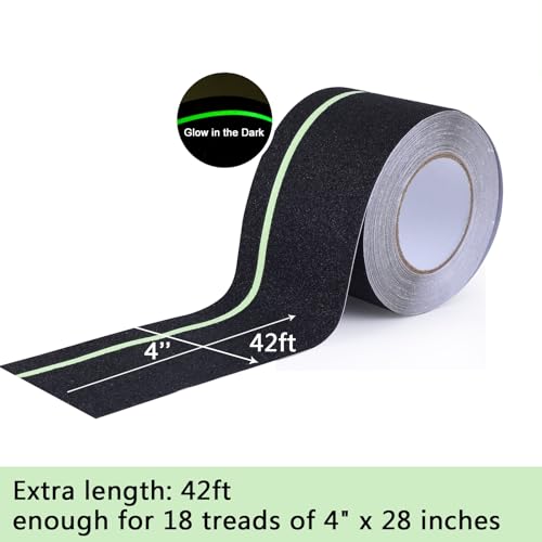 Anti Slip Tape with Glow in Dark Stripe for Stairs, 4”x42ft, Grip Tape for Stairs Steps for Outdoor/Indoor, Waterproof Non Slip Strips for Stair Treads, High Traction, Easy Install - color: Black/Green, size: 4" x 42'