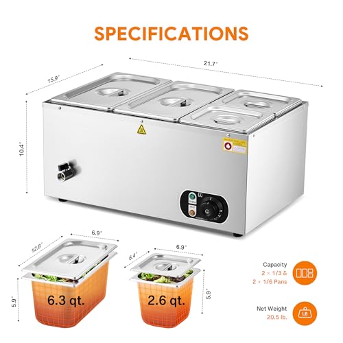 WILPREP Commercial Food Warmer with Two 1/3 & Two 1/6 Pans, 1500W Countertop Electric Warmer, 86-185°F Adjustable Temp Control, Stainless Steel Buffet Bain Marie - size: 1/3pan*2+1/6pan*2
