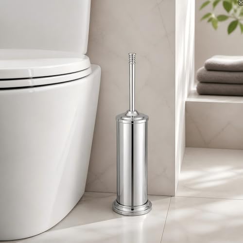 Chrome Toilet Brush and Holder Set,Extra Long Handled Toilet Bowl Brush and Holder,Stainless Steel Heavy Duty Toilet Brush for Bathroom,Deep Cleaning Modern Toilet Cleaner Slip Base - color: Chrome