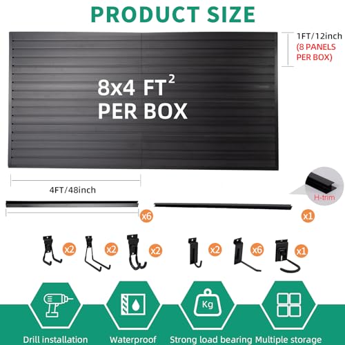 FRAYSCENT Slat Wall Paneling Garage Slat Wall Storage Systems Slatwall Panels Power Tool Organizer Wall Mount, PVC Garage Storage & Organization Products Slate Board (Black, 4ft x 8ft with 15 Hooks) - color: Black, size: 8x4ft(15hooks)