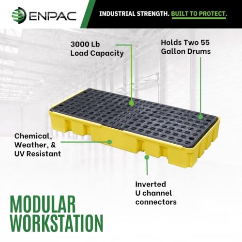 ENPAC 6 Drum Spill Containment Pallet, U-Connect Linking Modular Workstation, 72"x49"x6.5", 12000 lbs. Distributed Load Capacity, 76.5-Gallon Spill Capacity, EPA/OSHA Compliant, Made in USA - color: Yellow, size: 6 Drum