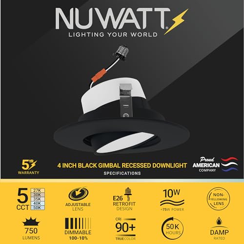 NUWATT 4 Inch Gimbal Black LED Recessed Lights, 2700K-5000K, Airtight, 6 PK