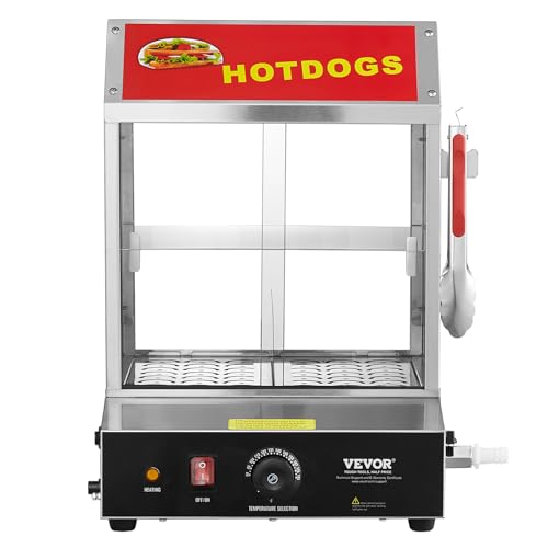 VEVOR Hot Dog Steamer, 28.5QT, 2-Tier Hot Dog Hut Steamer, 86℉~185℉ Temperature Control, Electric Bun Warmer with Tempered Glass Slide Doors Partition Plate Tong, Stainless Steel, for Hot Dogs & Buns