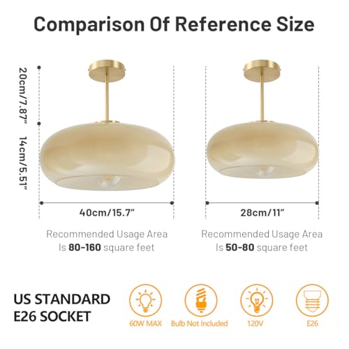 Gold Brass Semi Flush Mount Ceiling Light 15.7″-Milk Yellow Glass - color: 15.7″-Milk Yellow
