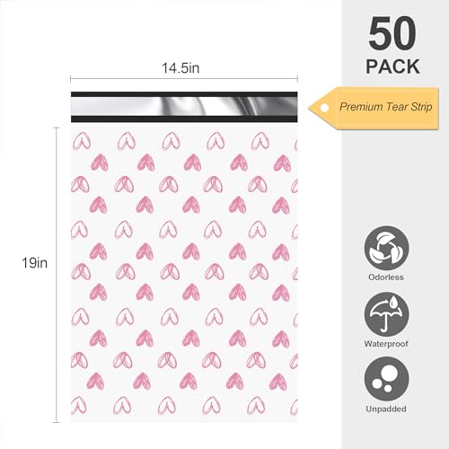 JinRuiKJ 14.5x19 Boutique Poly Mailers 50 Pack, Pink Hearts Design - color: Pink Heart, size: 14.5x19'' - 50 Pack