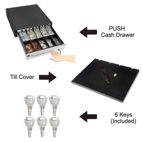 HK SYSTEMS 16" Heavy Duty Black Manual Push Open Cash Drawer with 5Bill/5Coin Stainless Steel with Till Cover - size: 02.16" PUSH+Till Cover