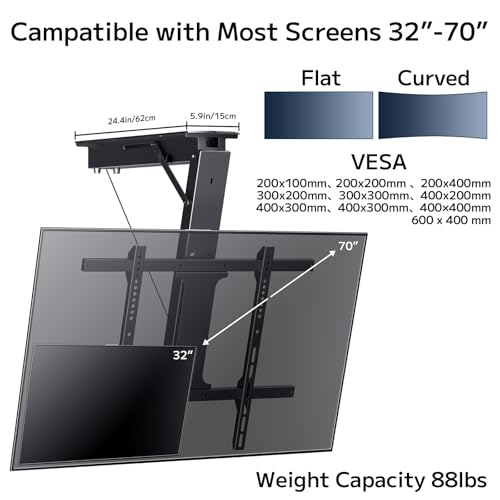 Electric Ceiling TV Mount, Remote Adjustable Flip Down Bracket for 32 to 70 Inch Flat Curved Screen TVs Max VESA 600x400mm, Motorized TV Ceiling Mount for Flat Pitched Roof Indoor Outdoor - color: Black
