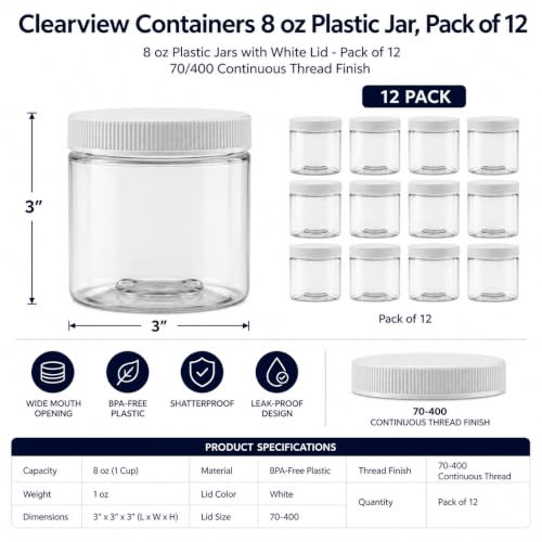 12 Pack - 8 oz (1 Cup) Plastic Storage Jars with 70-400 Leak Proof White Lid, Food Grade, BPA Free, Hand Wash Only (8oz, 12pk) - size: 8oz, 12PK White