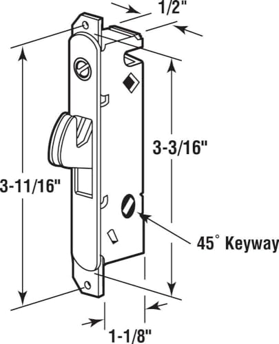 FASCO Patio Sliding Door Mortise Lock Replacement - Heavy Duty - 45 Degree Keyway - 3-11/16"" Screw Holes - Made in Canada, Silver, 15410-F