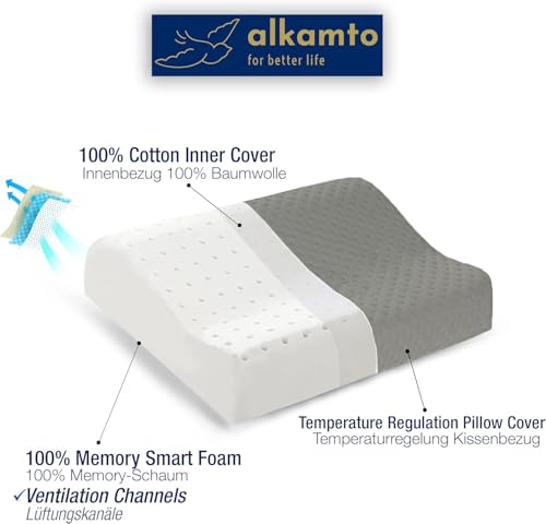 alkamto Travel & Camping Comfortable Memory Foam Pillow – Easy to Carry Portable Bag – Temperature Regulating Pillow Case - size: 13.7 x 11.8 x 3.9 / 3.14 In - Grey + Extra Cover