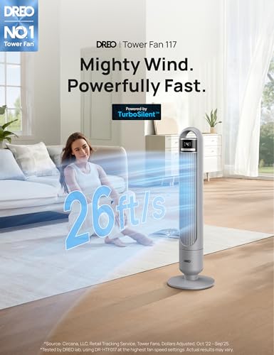 DREO Tower Fan for Bedroom, 26ft/s Velocity, 90° Oscillating, 8H Timer - color: Lizard Grey, size: 36 inch