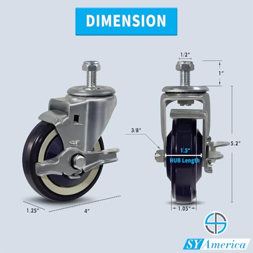 SY America 4" Shopping Cart Replacement Wheels,Stem Casters Swivel Casters Set of 4 Heavy Duty Castors,Load Capacity 1200 lbs (Navy) - color: Navy, size: 4 Brake