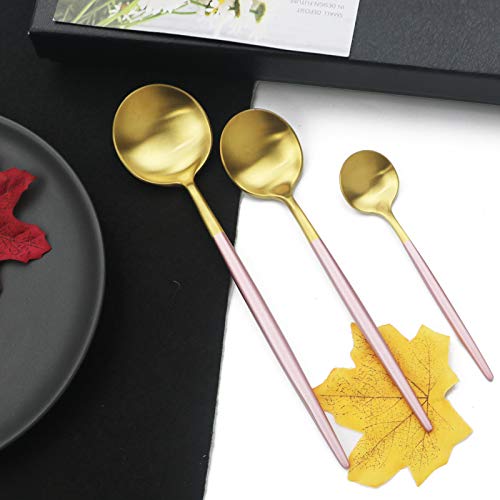 JASHII Luxury 18/10 Pink Handle Flatware Gold Silverware Set 304 Stainless Steel Flatware Cutlery Set| 24-Piece Adaline Royal Modern Satin Finish| BEST Birthday Wedding Gift (Pink Handle Matte Gold) - color: Pink Gold, size: Service for 4