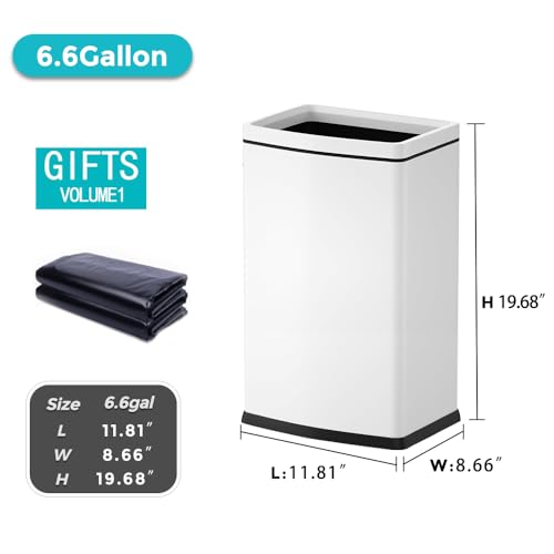 6.6 Gallon/25L Stainless Steel Square Trash Can, Large Capacity Kitchen Garbage Can, Business Trash Bin, Tall, Elegant, White Waste Basket, for Home, Office, Hotel (25LWhite) - color: 25LWhite