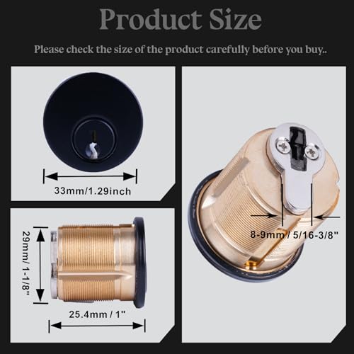 2 Pack Brass Mortise Door Cylinder Lock, 1 Inch Length Keyed Standard SC1 Keyway, Door Replacement Lock Cylinder with 2 keyed Alike Keys Suitable for Home and Commercial Use (Black). - size: 1 Inch