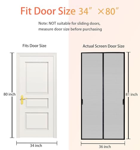 FEGO Magnetic Screen Door Fit Door Size:34"x80", Screen Itself Size 36"x81", Enjoy Breeze, Hands Free Entry, Reinforced Fiberglass Mesh Anti-Tearing, Pet & Kid Friendly, Strong Magnets for Patio/Front - color: Black, size: Screen Fit Door 34" x 80"
