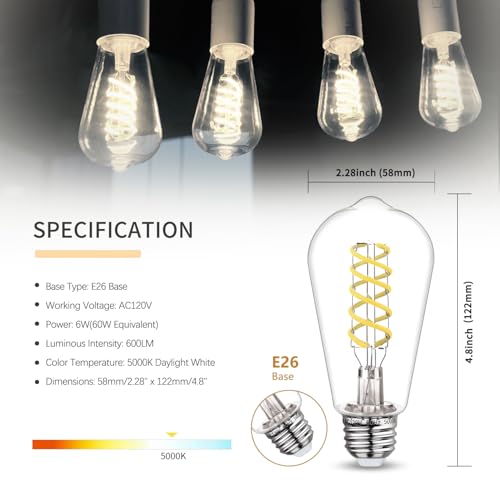 12 PCS ST58 Dimmable Spiral Vintage E26 LED Bulb 60 Watt LED Edison Bulbs - color: 5000k 12pack
