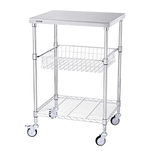 VEVOR Kitchen Utility Cart, 36.6"x20"x24" 3 Tiers Wire Rolling Cart, 470LBS Capacity Steel Service Cart with Brake Wheels, Storage Trolley with 76mm Basket PP Liner 6 Hooks, for Indoor & Outdoor Use - size: 24"D x 20"W x 36.6"H, style: Drawer Cart