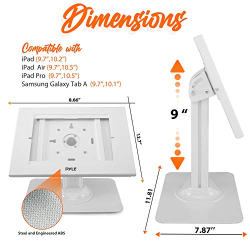 Pyle Anti Theft Tablet Security Stand, Table Mount Desktop Ipad Kiosk Stand with Lock and Key Mechanism, 90° Rotate 75° Tilt, iPad, iPad Air, iPad Pro, Samsung Galaxy Tab A (2021), White