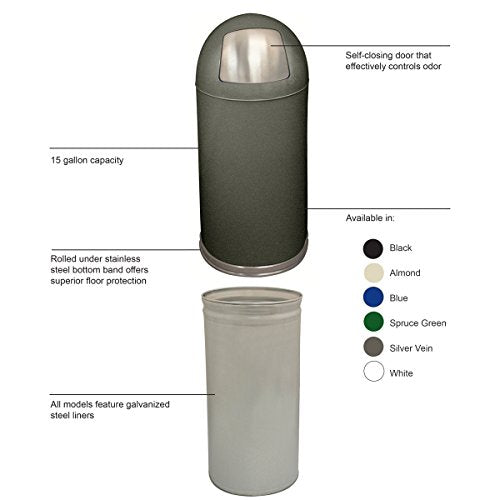 Witt Industries 15DTSVN Steel 15-Gallon Standard Dome Top Indoor Waste Receptacle with Galvanized Liner and Push Door, Round, 15" Diameter x 35" Height, Silver
