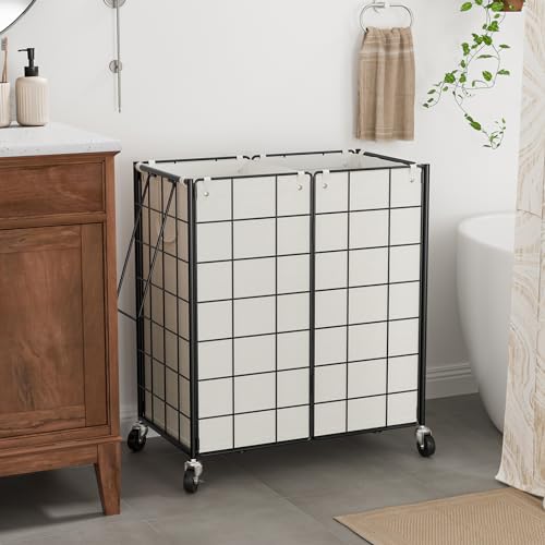 WOWLIVE Double Laundry Hamper with Wheels, Metal Rolling Laundry Basket - color: Black and White, size: 120l