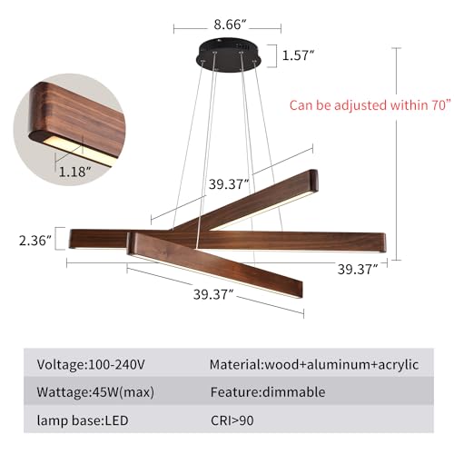 YISDESIGN 3-Light Linear Pendant,Dining Room Light Fixture,Modern Led Chandeliers for Living Room,Dimmable Wood Ceiling Pendant Light,45W for Living Room,Dining Room,Kitchen Island,Walnut Color - color: B, size: 39-3in