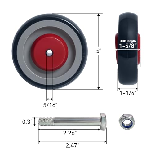 5'' Shopping Cart Wheels Replacement, 5/16" Casters Set of 4 Rubber Wheels for Cart Supermarket Grocery Retail Stores, Each Wheel Load 350lbs (4 Wheel) - style: Grey/Red (5/16'' Bore)