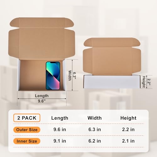 9x6x2 Inches Small Shipping Boxes, 2 Pack White Corrugated Cardboard Boxes, Recyclable Tap-Lock Packaging Boxes for Business, Gift Wrapping, Mailing and Storage - size: 9"x6"x2"