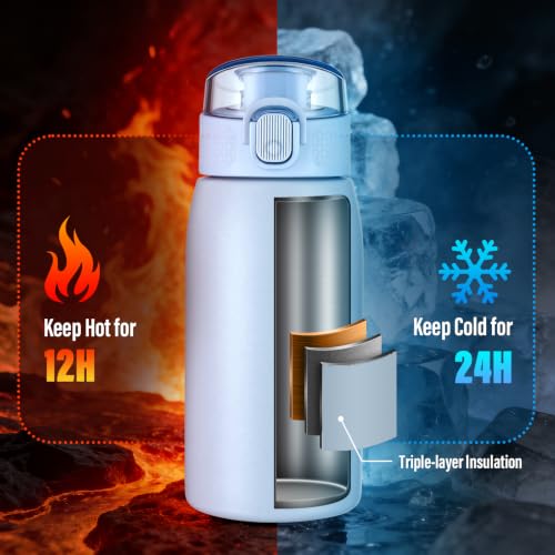 Insulated Water Bottle 12 oz with Dustproof Lid, Carry Handle & Tea Infuser, BPA-Free & Leakproof, Stainless Steel Water Bottles Ideal for Fitness, Hiking, Office & Outdoor Use (Light Blue ) - color: Light Blue, size: 12 Ounces