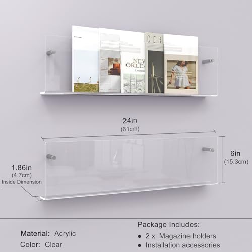 Acrylic Magazine Holder, 2 Pack Hanging Bookshelf Magazine Rack, Wall Mounted Floating Brochure Display for Waiting Room, Office, Home (Clear, 24 Inch) - color: Clear, size: 24 Inch